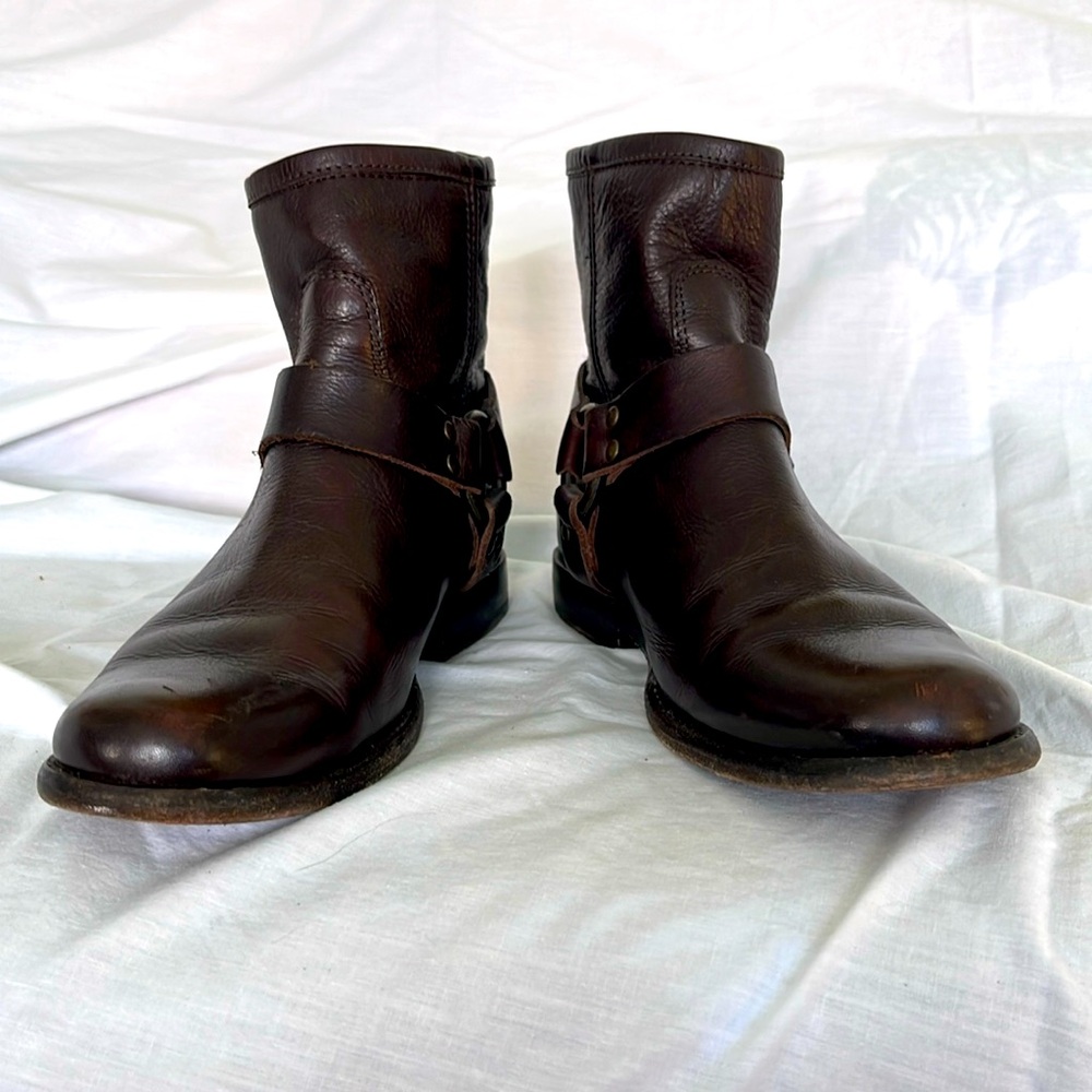 Frye chocolate brown leather harness ankle boots, size 6.5
